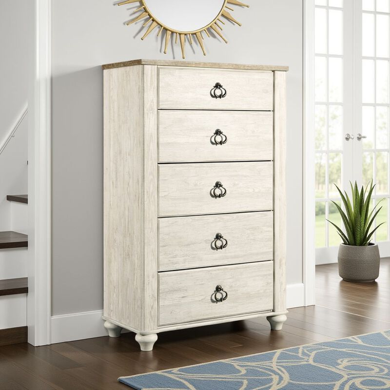 Isla Tall Dresser Chest, 5 Drawer, Brown Wood Finish, Rustic Whitewash - Benzara