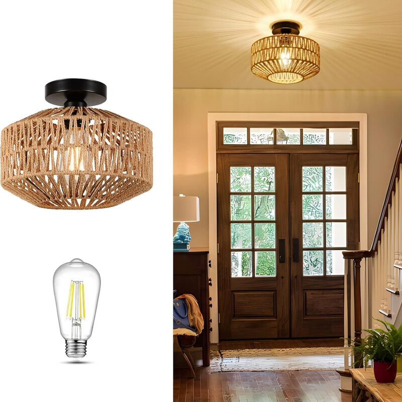 ELEMENT ACE Hand Woven Rattan Flush Mount Ceiling Light with Dimmable LED Bulb Boho Chandelier Fixture for Hallway Bedroom Kitchen Entryway Living Room image number 4