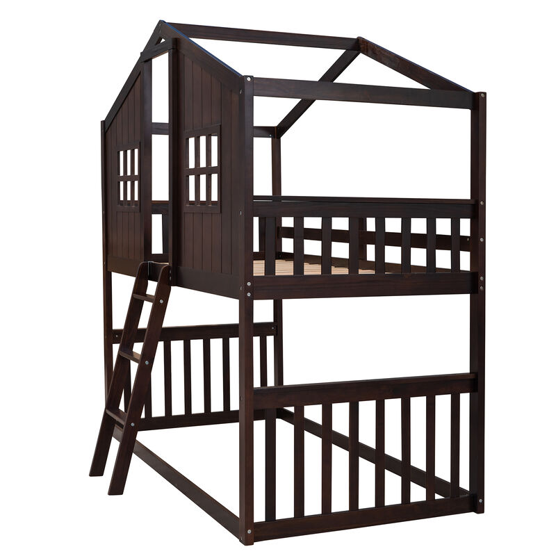 Whisen 79.5"x41.1" House Bunk Bed, Solid Wood Twin Over Twin for Kids Bedroom image number 5