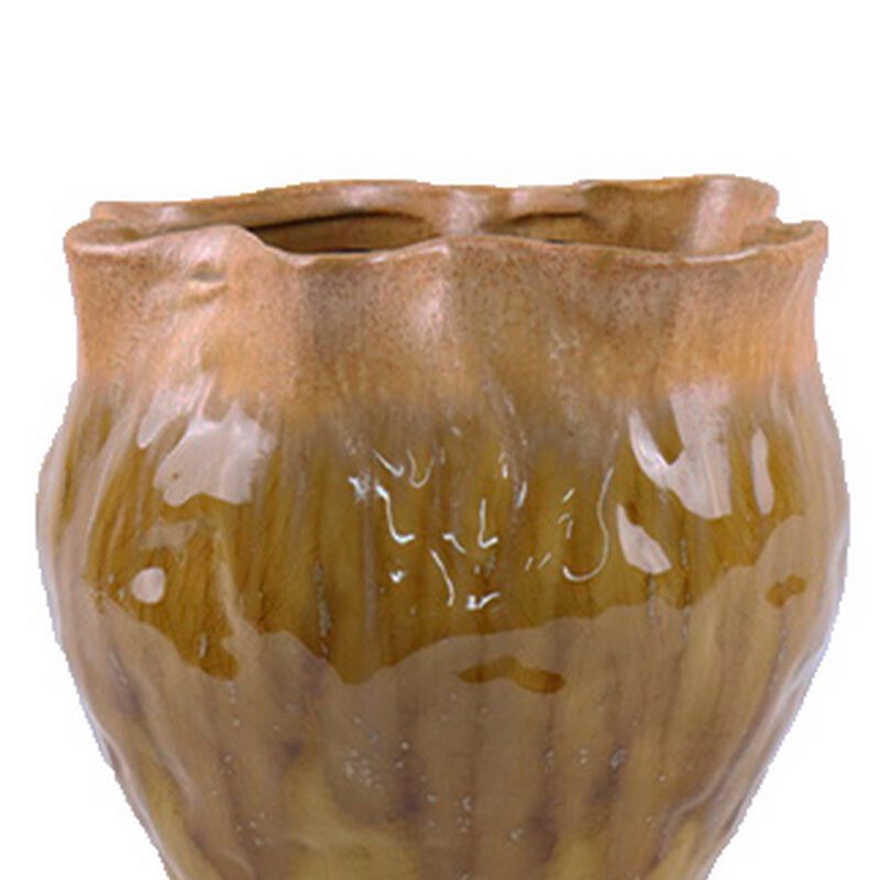 Balie Accent Vase, Brown Ceramic, Irregular Top Edge, Modern 10 Inch - Benzara