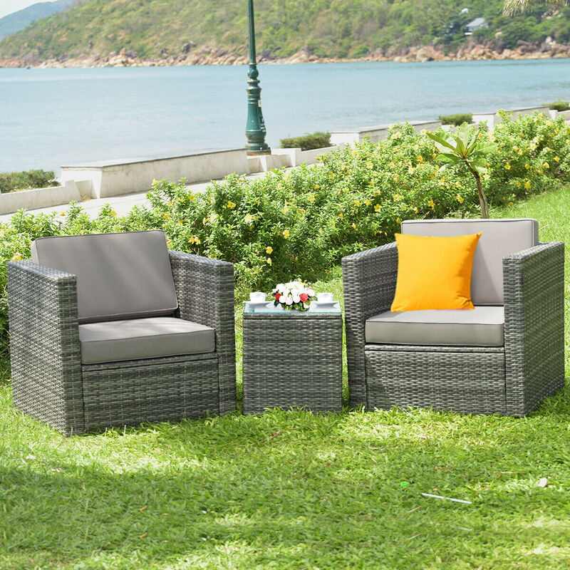 3-Piece Patio Garden Rattan Furniture Set with Cushioned Sofa and Coffee Table