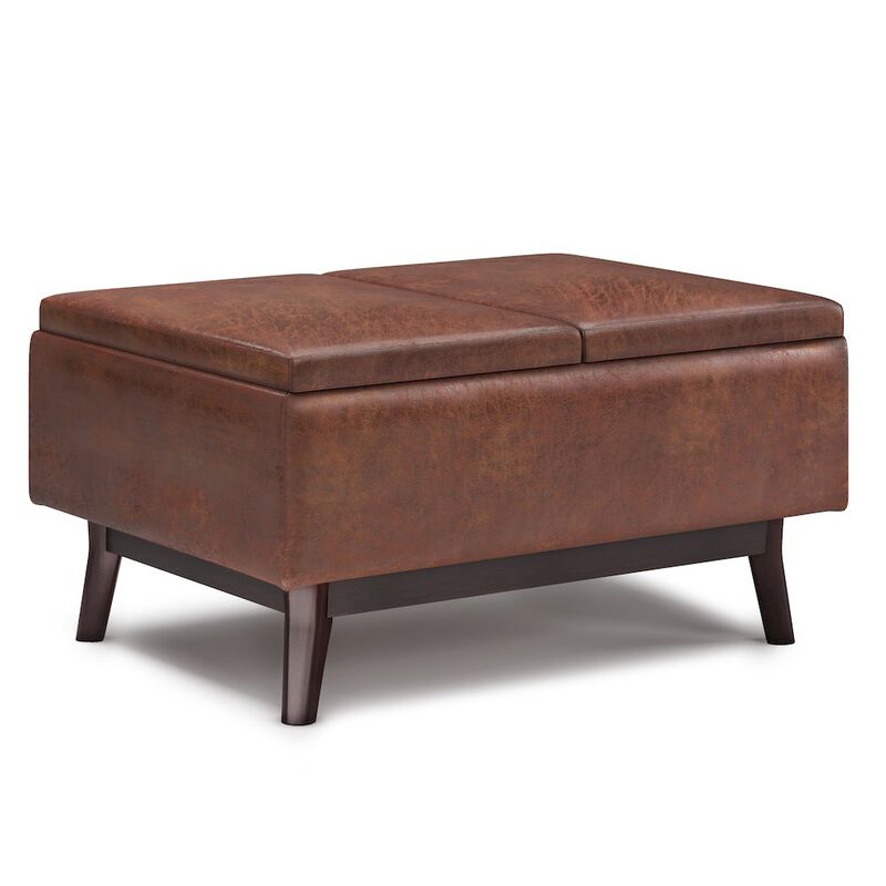 Simpli Home Small Coffee Table Storage Ottoman In Distressed Saddle Brown Vegan Faux Leather