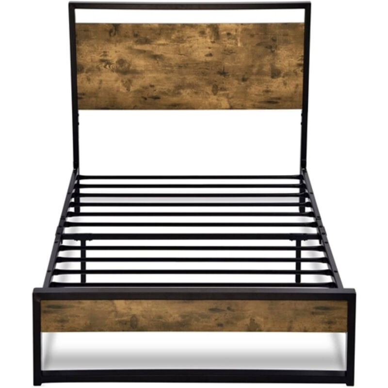 Metal Wood Platform Bed Frame with Industrial Headboard