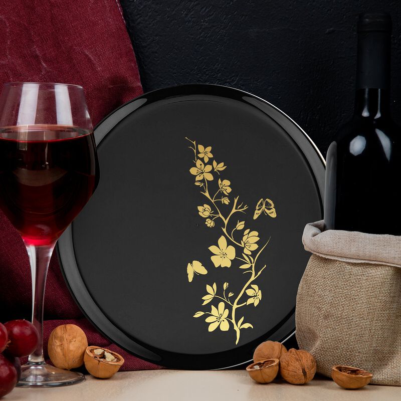 6.25" Black with Gold Floral Round Plastic Pastry Plates (120 Plates) image number 6