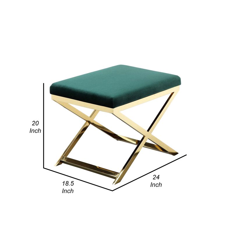 Sovi 24 Inch Accent Stool Ottoman Bench, Plush Green Velvet, Gold X Base - Benzara