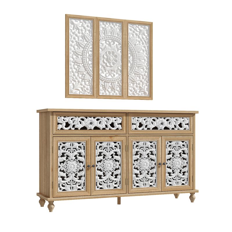 FUFU&GAGA Vintage Style Storage Cabinet with White Hollowed-Out Carved Drawers and Doors, Matching Wall Panel Frame, Painted and Clear Finish with Antique Hardware, (59.1 in. W x 15.7 in. D x 35.4 in. H), Wood and White