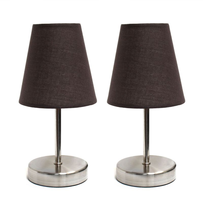 Simple Designs Traditional Mini Metal Sand Nickel Base Table Lamp with Fabric Shade - 2 Pack Set