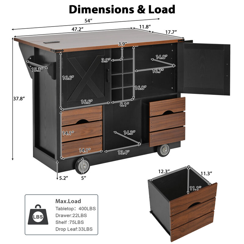 Whisen 54" Farmhouse Kitchen Island with 2 Drawers, Power Outlet & Adjustable Shelves, MDF for Kitchen & Dining image number 9