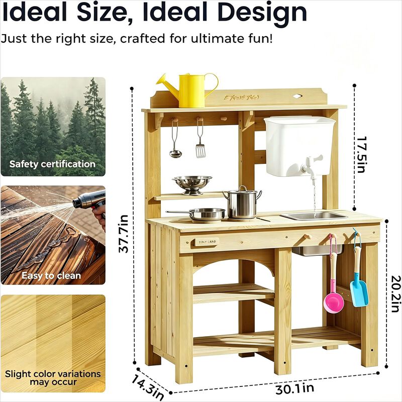Outdoor Mud Kitchen - Wooden Water Play Kitchen, 12mm Thick Weather-Resistant Wood, 4L Water Tank & Sink, Modular Stove/Sensory Table, Large Storage image number 2