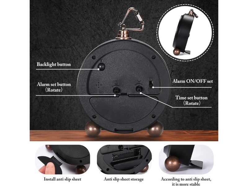 Analog Alarm Clock Battery Powered Silent Non Ticking Desk Clock with Night Light Retro Simple Design for Living Room Bedroom Dormitory (Black) image number 2
