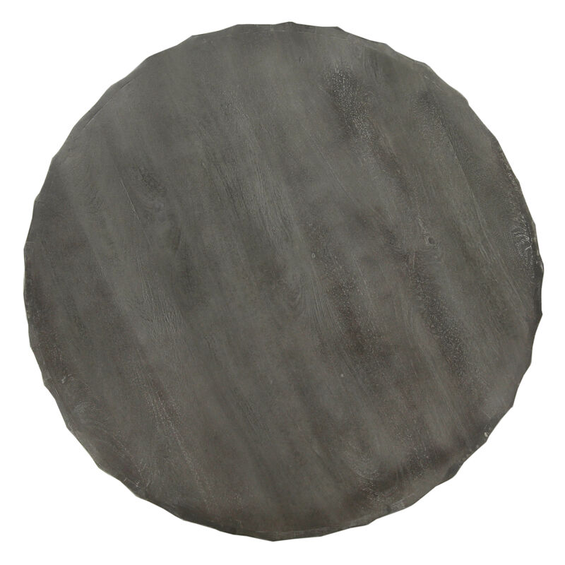 Val 34 Inch Handcrafted Mango Wood Coffee Table, Hammered Round Drum Shape, Honeycomb, Rustic Gray