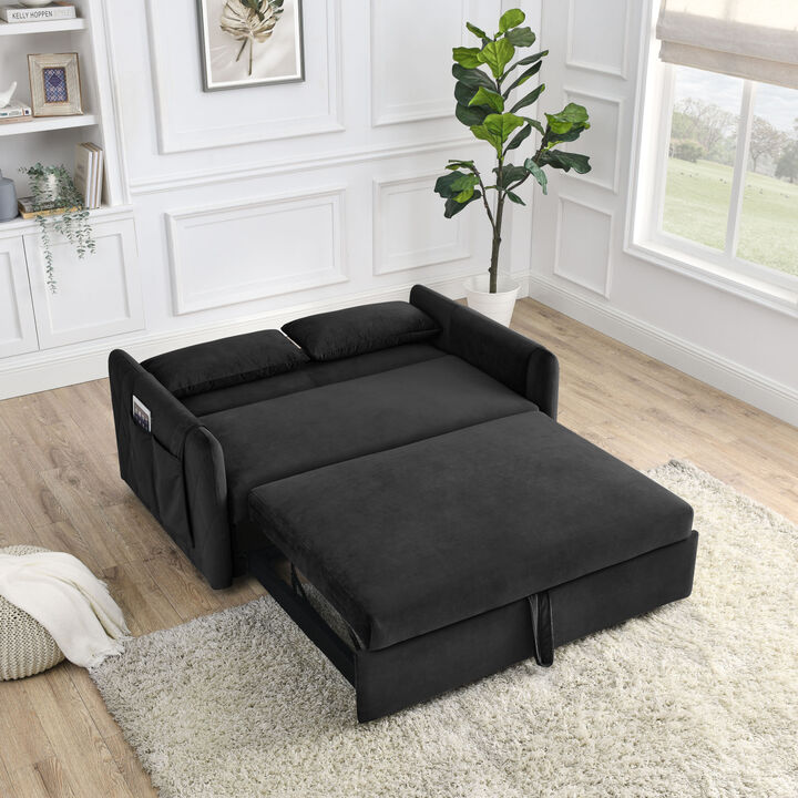 55" Modern Convertible Sofa Bed with 2 Detachable Arm Pockets, Velvet Loveseat Sofa with Pull Out Bed, 2 Pillows and Living Room Adjustable Backrest, Grid Design Armrests
