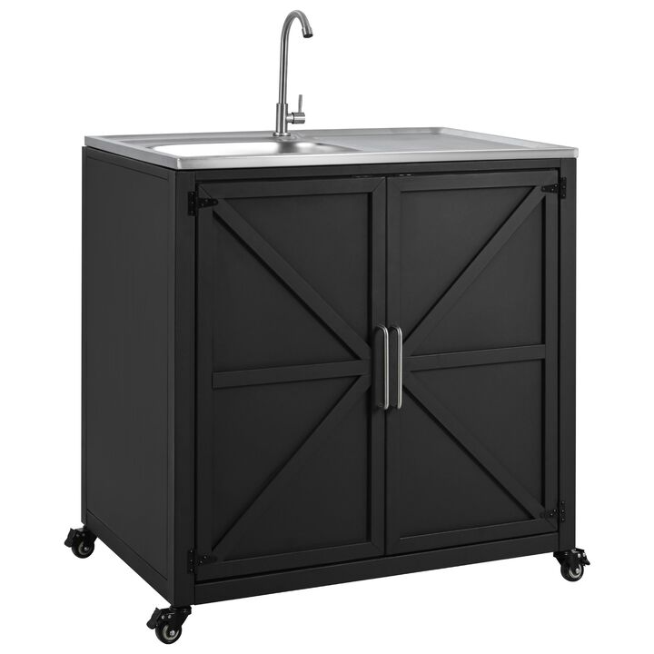 Mondawe Outdoor Movable Kitchen Sink,W/ Adjustable Faucet & Lockable Wheels Portable Cabinet