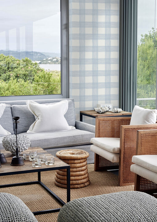 Scarborough Light Blue Striated Plaid Wallpaper