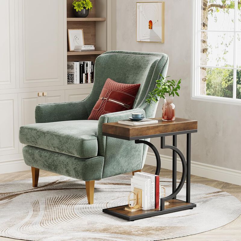 Tribesigns Narrow C Table, Modern End Table and Bedside Table with Metal Frame, Faux Marble Side Table for Living Room and Bedroom, Small Sofa Table, Brown and Black, Holds 22 lb image number 2