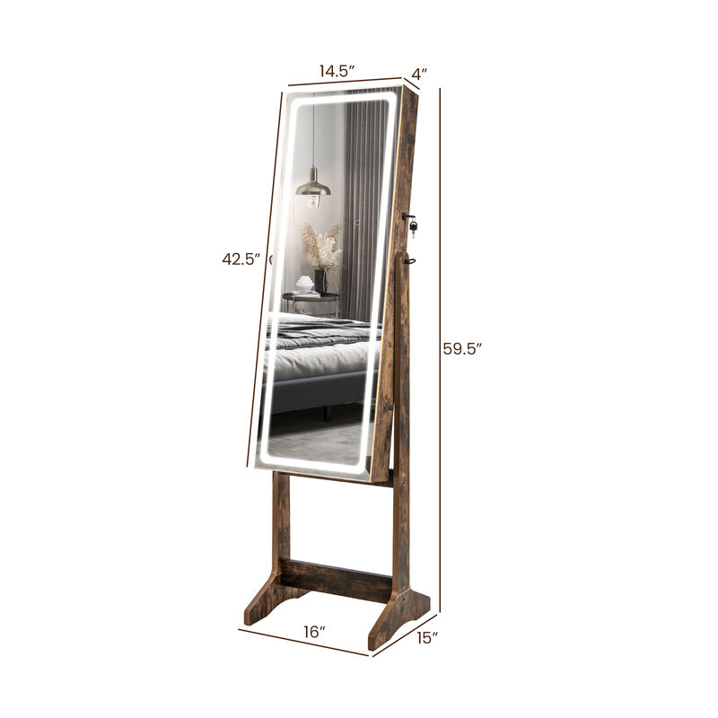 Lockable Jewelry Armoire Standing Cabinet with Lighted Full-Length Mirror