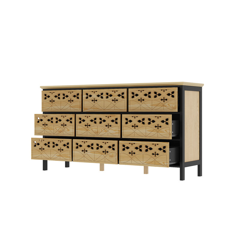 FUFU&GAGA 9-Drawer Tall Storage Cabinet , Modern Chest Organizer for Bedroom, Living Room, or Office (59.1 in. W x 15.7 in. D x 31.5 in. H),  Natural Wood Finish and Black Accents