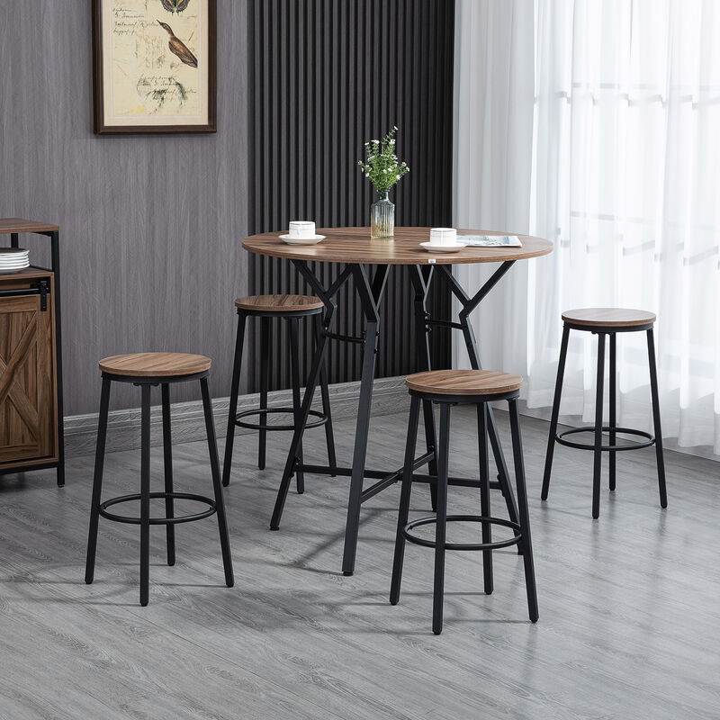HOMCOM Industrial 5-Piece Bar Table and Chairs Set, Space Saving Dining Table with 4 Stools for Pub and Kitchen, Black & Brown