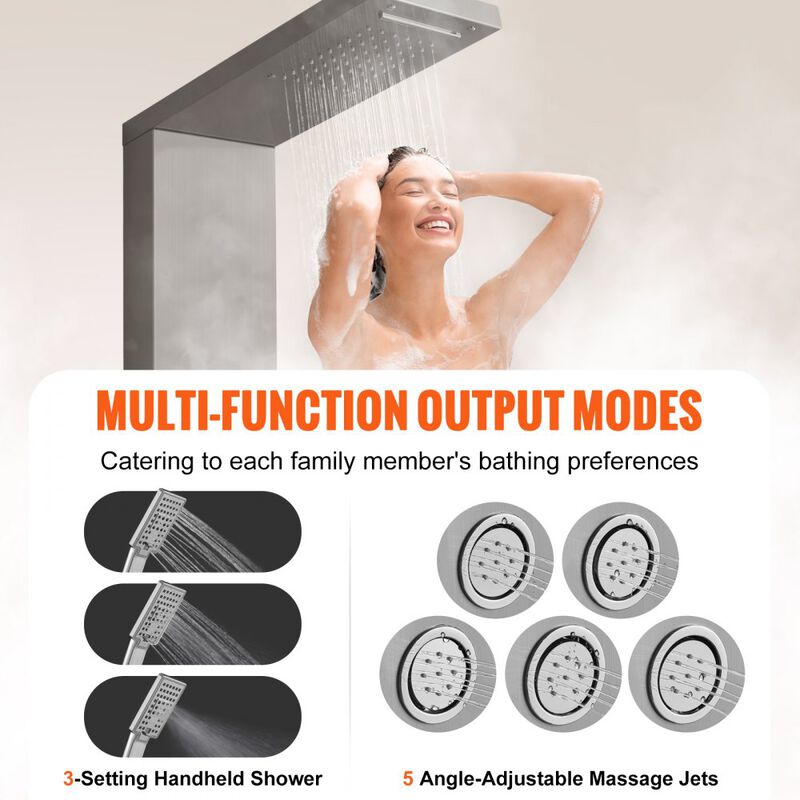 Shower Panel System with 4 Modes, 5 Full Body Jets, Handheld Shower and Hose-Silver image number 6