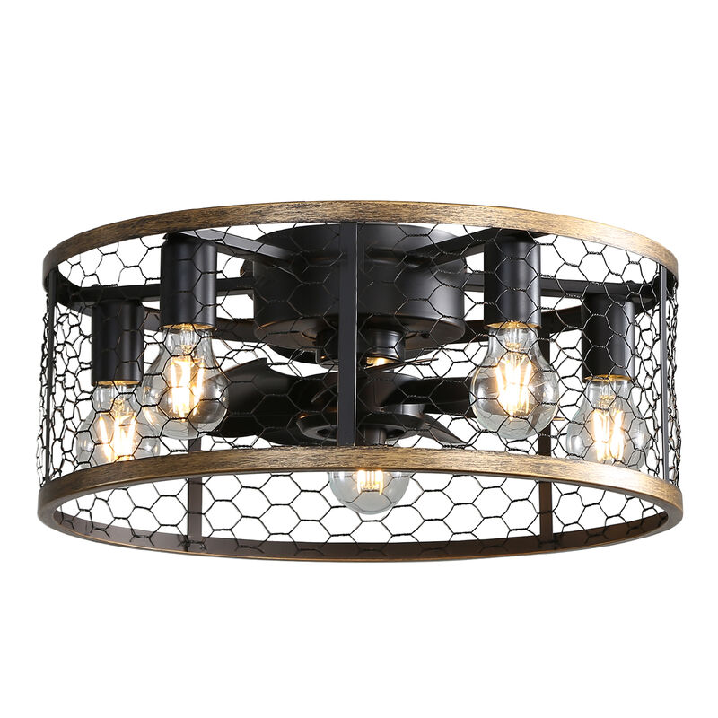20" Industrial Caged Ceiling Fan, Small Flush Mount Ceiling Fan With 7-ABS Blades Remote Control image number 0