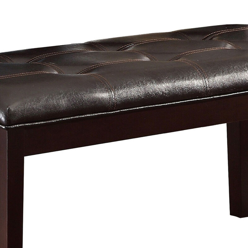 Button Tufted Faux Leather Upholstered Wooden Bench, Espresso Brown - Benzara