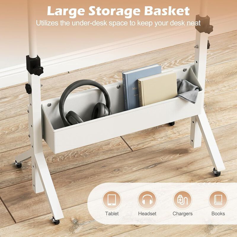 Mobile Rolling Standing Desk with Adjustable Height Cup Holder and Storage Basket image number 6