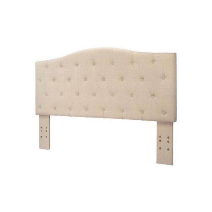 Button Tufted Fabric Wrapped Queen Size Wooden Headboard, Ivory-Benzara