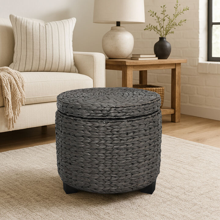 Addie 17.72" Modern Coastal Handwoven Water Hyacinth Storage Ottoman with Lid