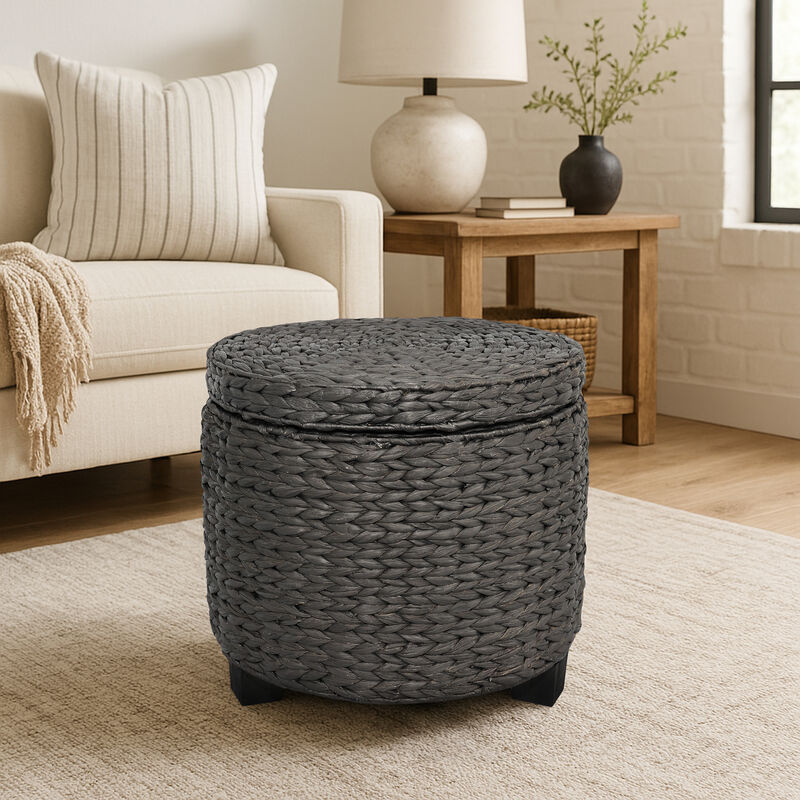 Addie 17.72" Modern Coastal Handwoven Water Hyacinth Storage Ottoman with Lid