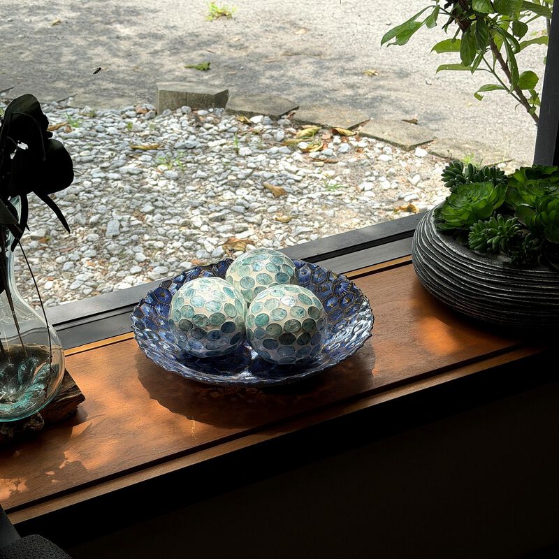 Sea Blue Capiz Shell 4 Inch Decorative Orbs Set Of 3 Coastal Balls image number 7