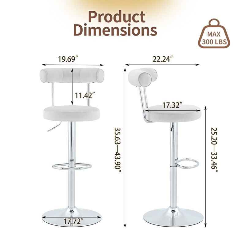 Set of 2 swivel bar stools, velvet upholstered adjustable height bar chair with open back, chrome base counter stools with footrest image number 2