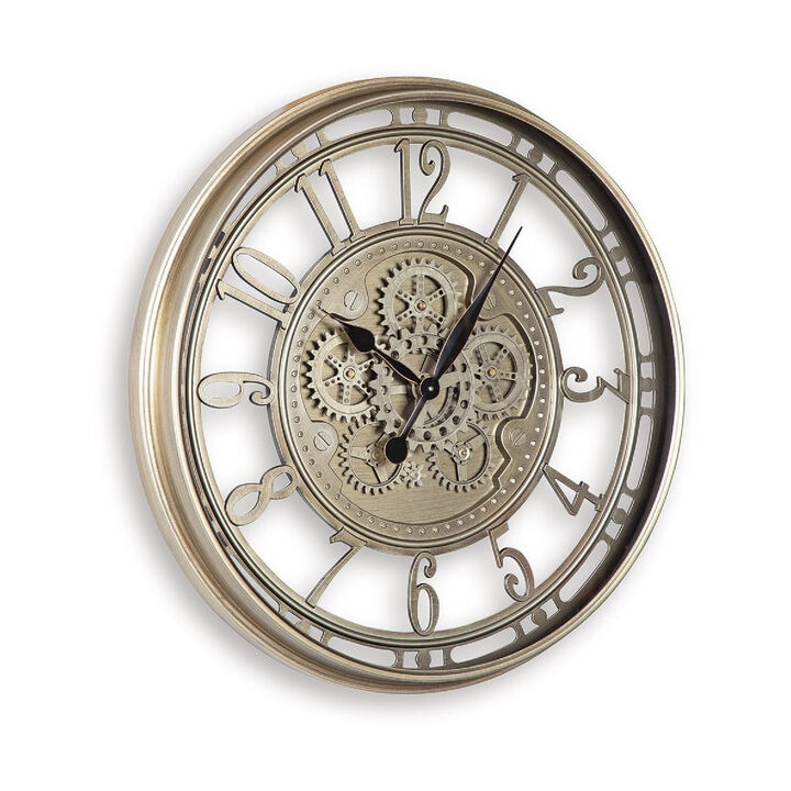 27 Inch Round Wall Clock, Moving Gears, Standard Numbers, Champagne Gold