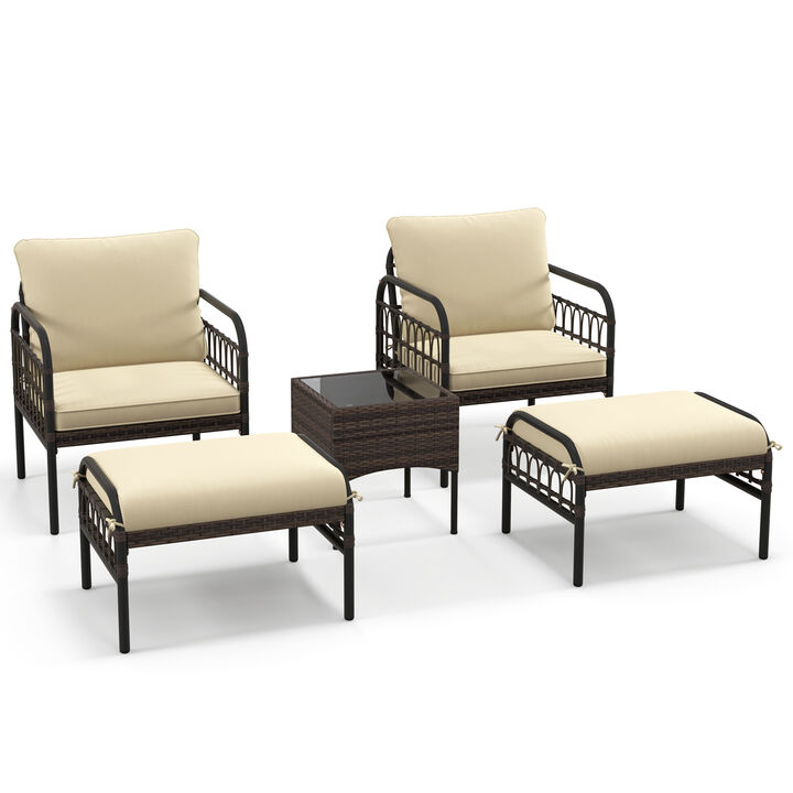 5 Piece Patio Conversation Set with Ottomans and Coffee Table