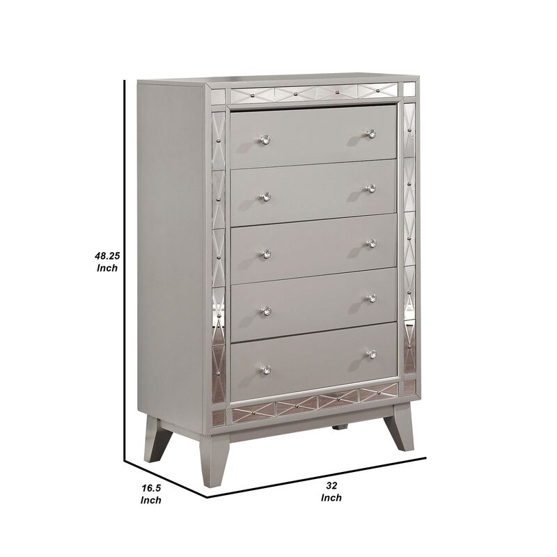 Wooden Chest with 5 Drawers, Mercury Silver-Benzara