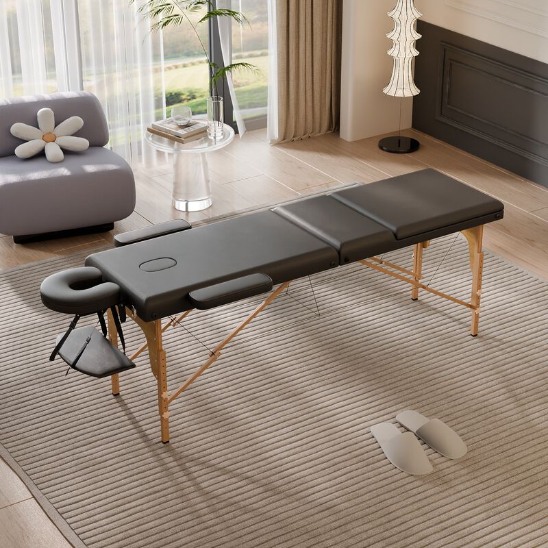 FUFU&GAGA Portable Folding Massage Bed with Solid Wood Legs & Metal Frame, Black PVC Leather Top (Open: 84.2 in. W x 21.2 in. D x 26.7 in. H / Folded: 36.2 in. W x 7 in. D x 21.2 in. H), Black
