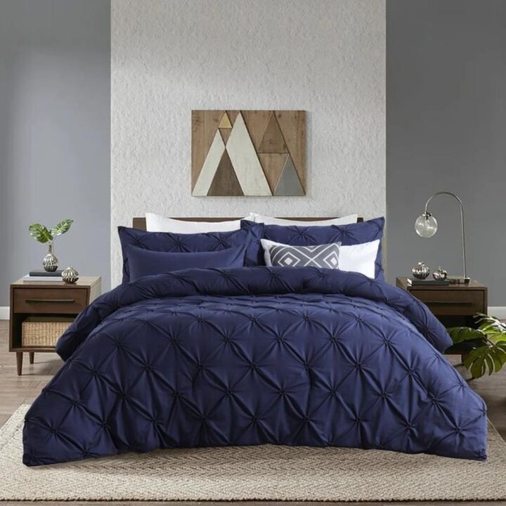 Hivvago King Size All Season Pleated Hypoallergenic Microfiber Reversible 3 Piece Comforter Set in Navy