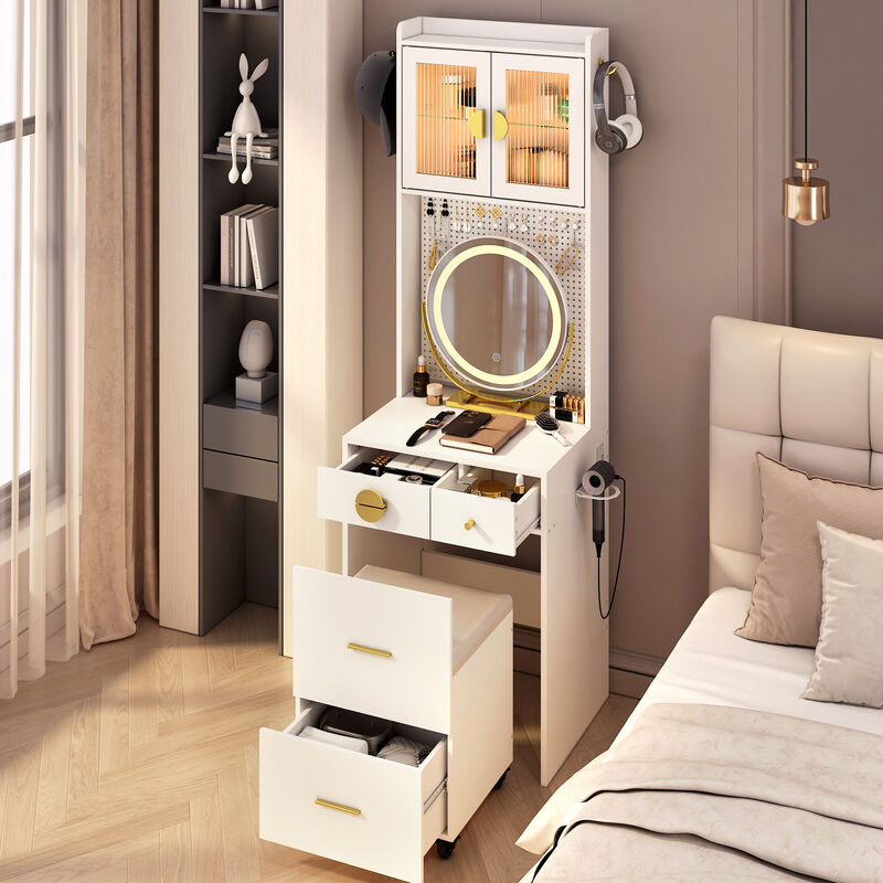 Small Vanity Desk with Mirror and LED Lights – Compact Makeup Table with Illuminated Mirror and Storage