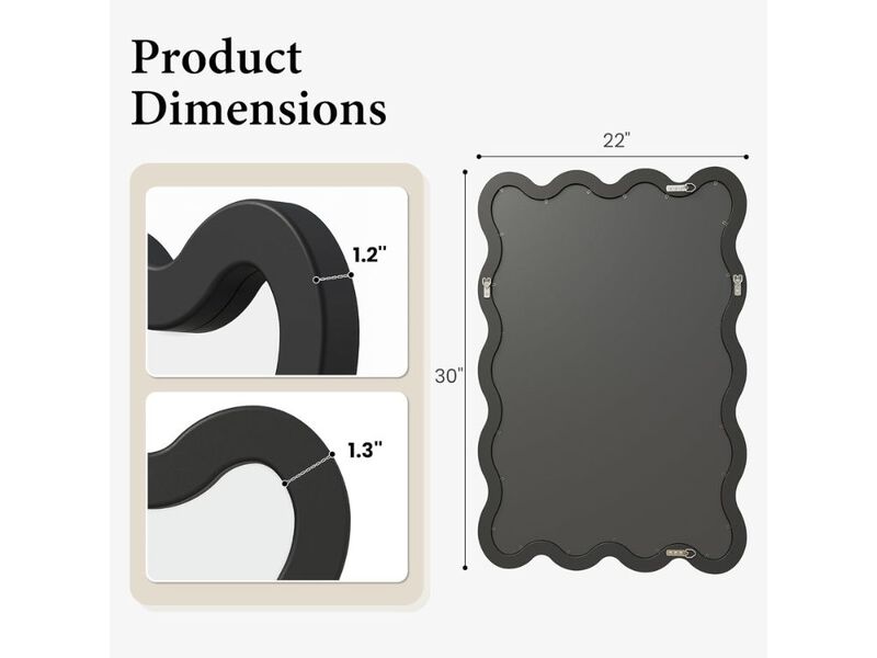 Matte Black Wavy Wall Mirror 30x22 Inch Solid Wood Irregular Decorative Mirror image number 2