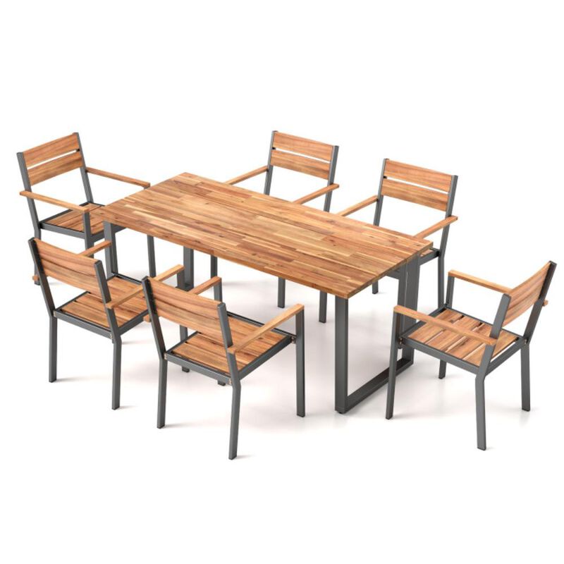 Hivvago 7 Pieces Acacia Wood Patio Dining Set with Metal Frame and 2 Inches Umbrella Hole