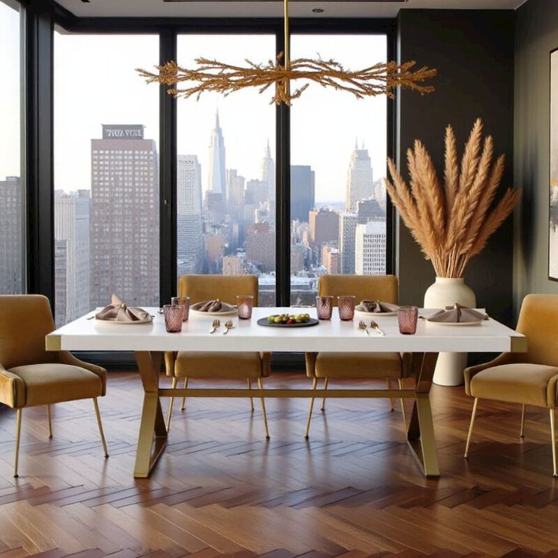 Starlight Canyon Home White Wood Dining Table With Gold Stainless Steel Base And Modern Design