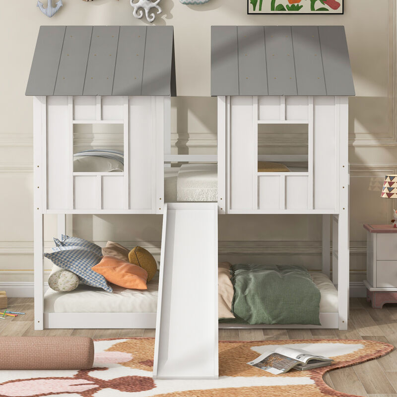 Twin over Twin House Bunk Bed with Slide and Windows, White