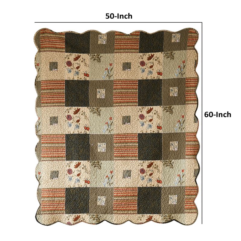 50 x 60 Cotton Quilted Throw Blanket with Fill, Wild Flowers, Multicolor - Benzara