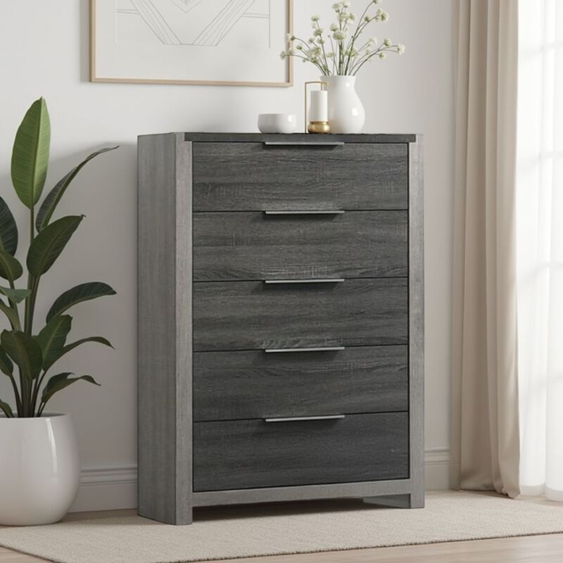Joho Tall Dresser Chest, 5 Storage Drawers w Metal Handles, Gray Wood