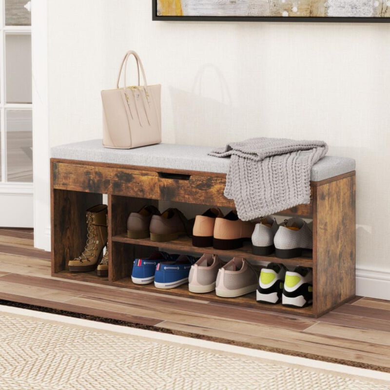 Hivvago Padded Seat Shoe Bench with Hidden Storage and 3 Open Shelves