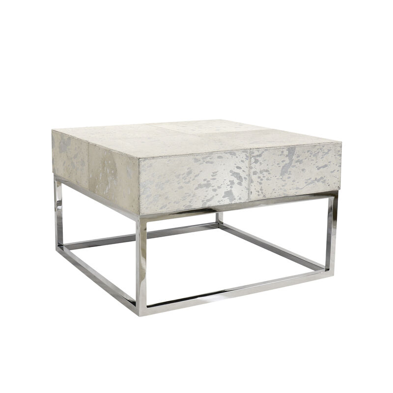 Pasargad Home Safari Silver Foil Cowhide & Steel Coffee Table, Silver