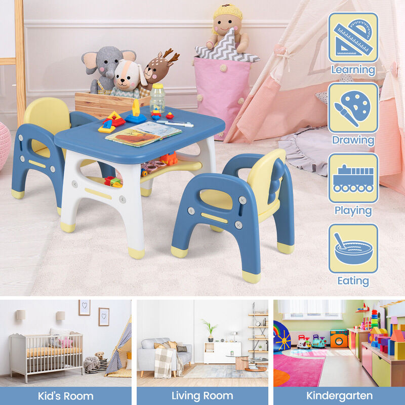 Kids Table and 2 Chairs Set with Storage Shelf and Building Blocks