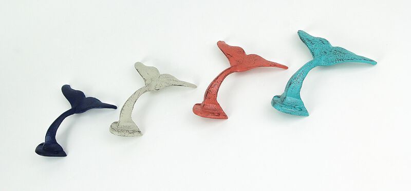 Set of 4 Cast Iron Whale Tail Wall Hooks Nautical Decorative Towel or Coat Hanging Beach House Coastal Accent Decor image number 1