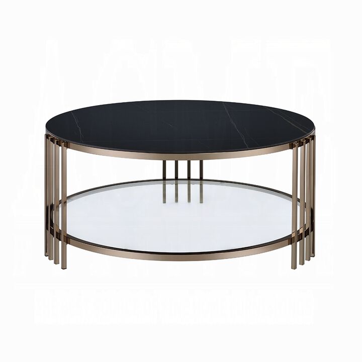 Abio Coffee Table, 35 Inch, Round Sintered Stone Top, Black and Gold