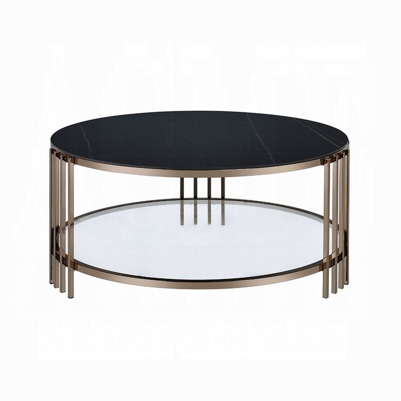 Abio Coffee Table, 35 Inch, Round Sintered Stone Top, Black and Gold