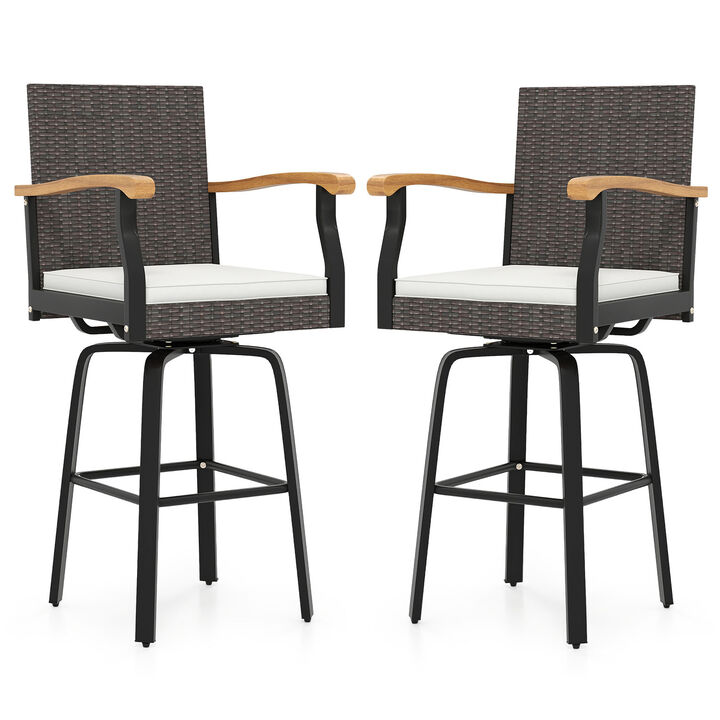 Outdoor 360&deg; Swivel Bar Stool Set of 2 with Cushioned Seats and Wood Armrests-Off White